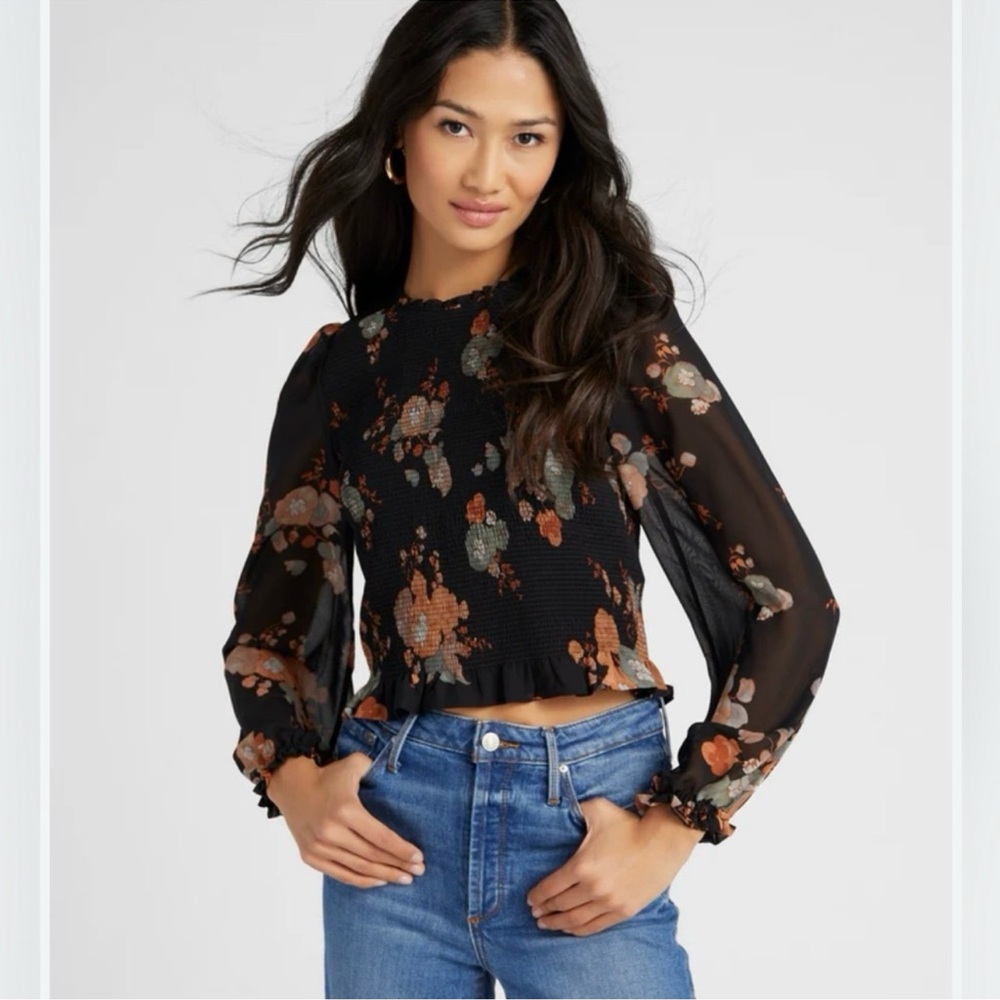 Aritzia Wilfred Womens Tempest Smocked Chiffon Blouse Size 2XL Dark Floral Sheer